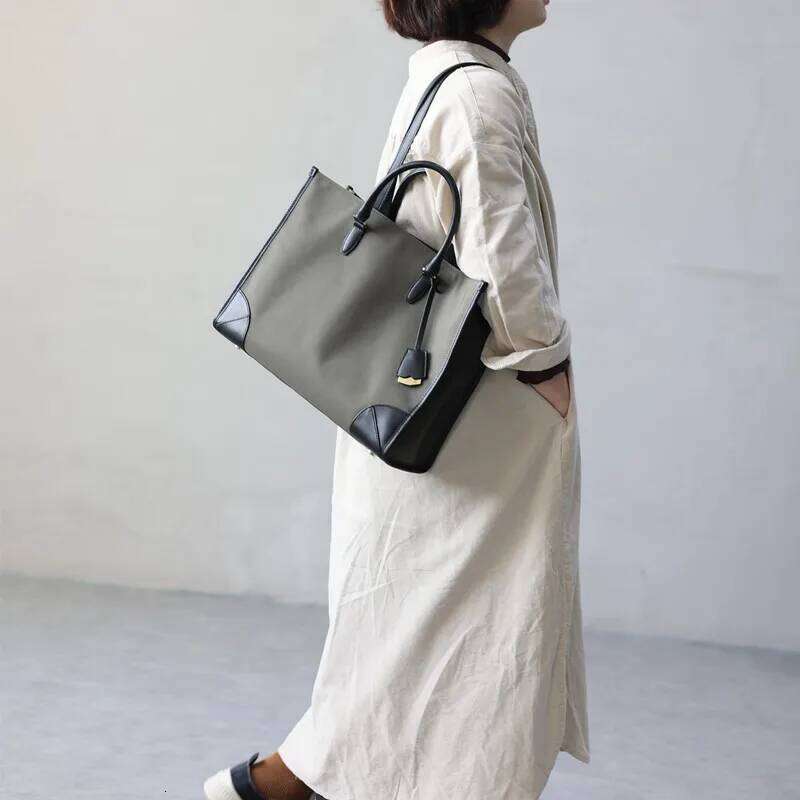 Women Nylon Genuine Leather Tote Portable Large Capacity Handbag With Computer Compartment For Working Shoulder Bags