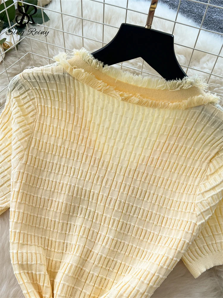 SINGREINY Workwear Elastic Knitted Dress Women Short Sleeves Single Breasted Summer Korean Vintage Split LongDress 250613