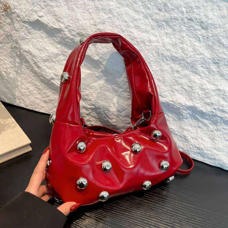 Black Half Moon Underarm Bag For Women Studded Beading Handbags Red Purse Solid Color Pu Leather Shoulder Crossbody Bags