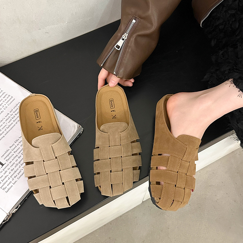 Ddmyoutdoor Ddmyoutdoor Soft Leather Closed Toe Slippers For Women Outdoor Wear Summer Flat Breathable Woven Sandals Lazy Slip On Mules Trendy Shoes O