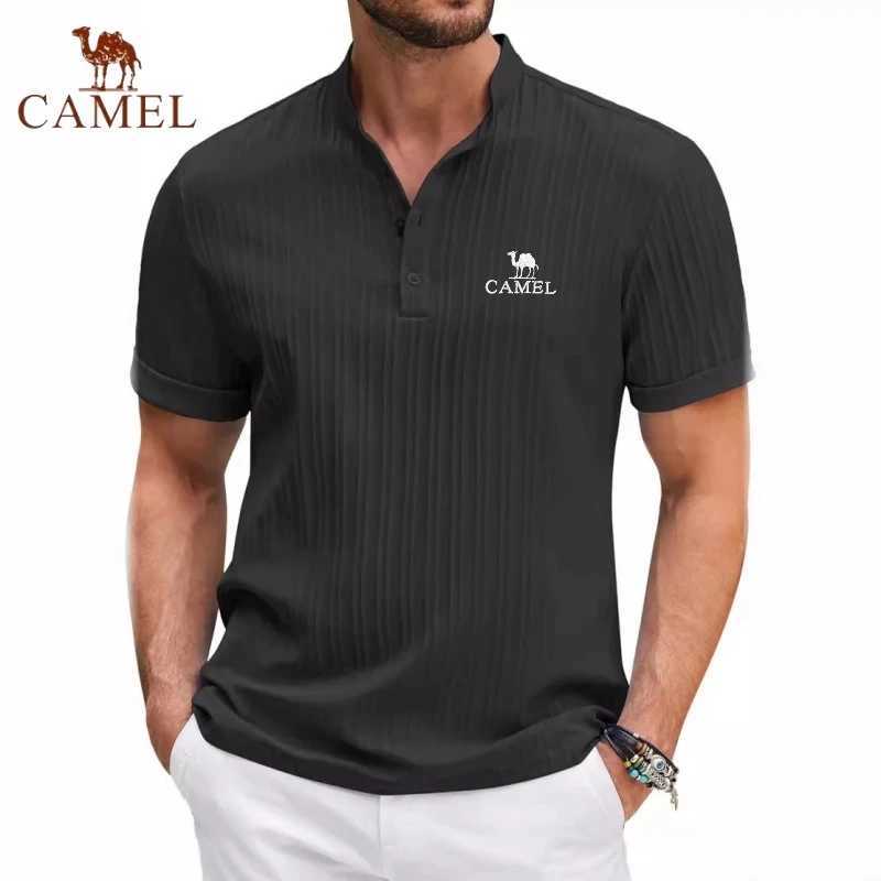 High End Embroidered CAMEL Cotton and Linen Striped Henry Polo Shirt New Summer Mens Retro Fashion Casual Short Sleeved Top Z250613
