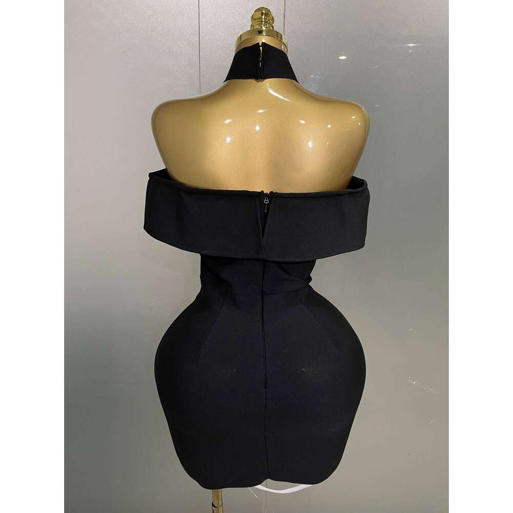 Women New Sexy Off Shoulder White Flower Black Mini Bodycon Bandage Dress Celebrity Evening Club Elegant Party Gowns