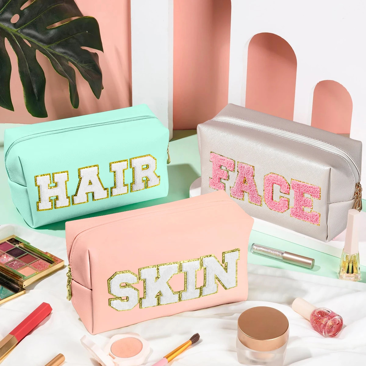 Chenille Letter Cosmetic Bag PU Leather Waterproof Pouch Cute Zipper Organizer Skin Hair and Facezmt 250614