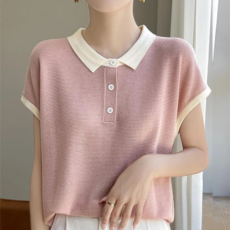 Womens Polo Contrast Color Knitted T-shirts High Quality Original in Trend 2025 Korean Style Clothing Baggy Female Tee 250609