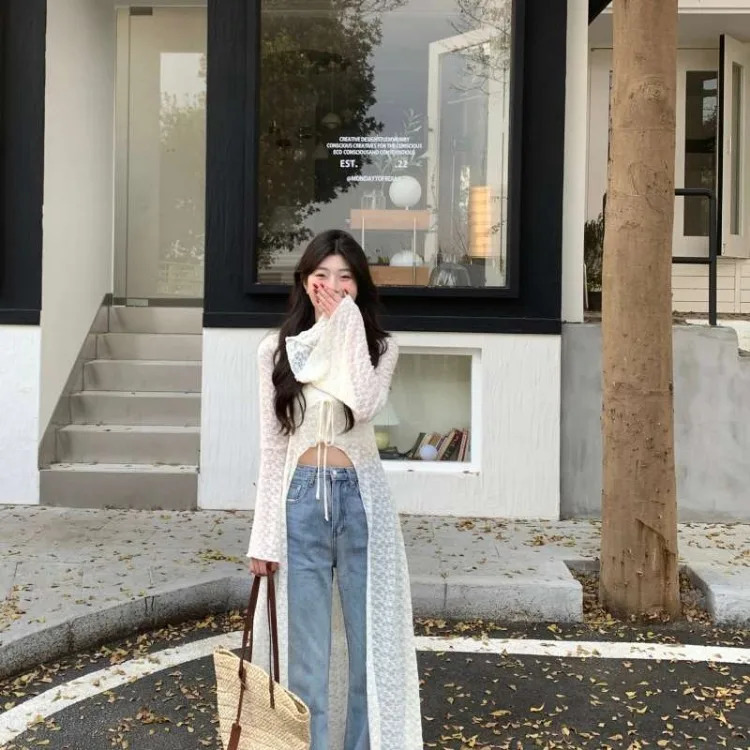Summer Lace Oversized Cardigan Y2k EGirl Vneck Up Allmatch Shirts Mujer Midlength Long Sleeve Tops Women 250612