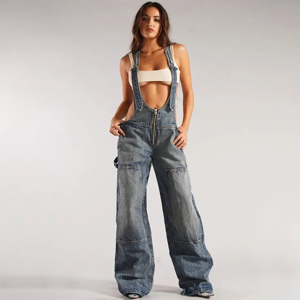 Jumpsuits Women Jeans Overalls Sexy Backless Vintage Full Length Denim Straight Pants Loose Pockets Distressed Washed Casual 250612