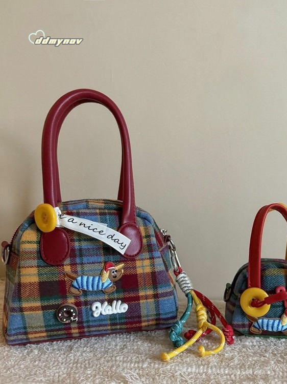 Milad Plaid Handbag for Women Color-Block Dachshund Dog Korean Style Exquisite Handheld Crossbody Bag ddmynov