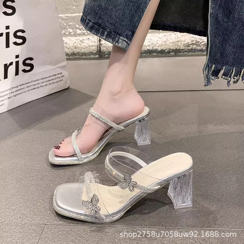 Ddmysports Fairy Style High Slippers For Women Summer Outdoor New Transparent Rhinestone One Strap Crystal Chunky Heel Sandals Outdoor Shoes
