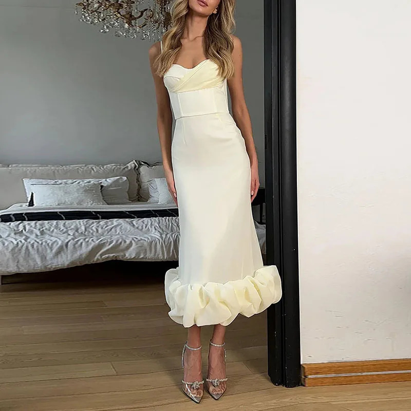 Sexy Strapless High Waist Prom Dress for Women Elegant Solid Slim Ruffle Flower Long Summer Sleeveless Hollow Sling Boho Dress 250611
