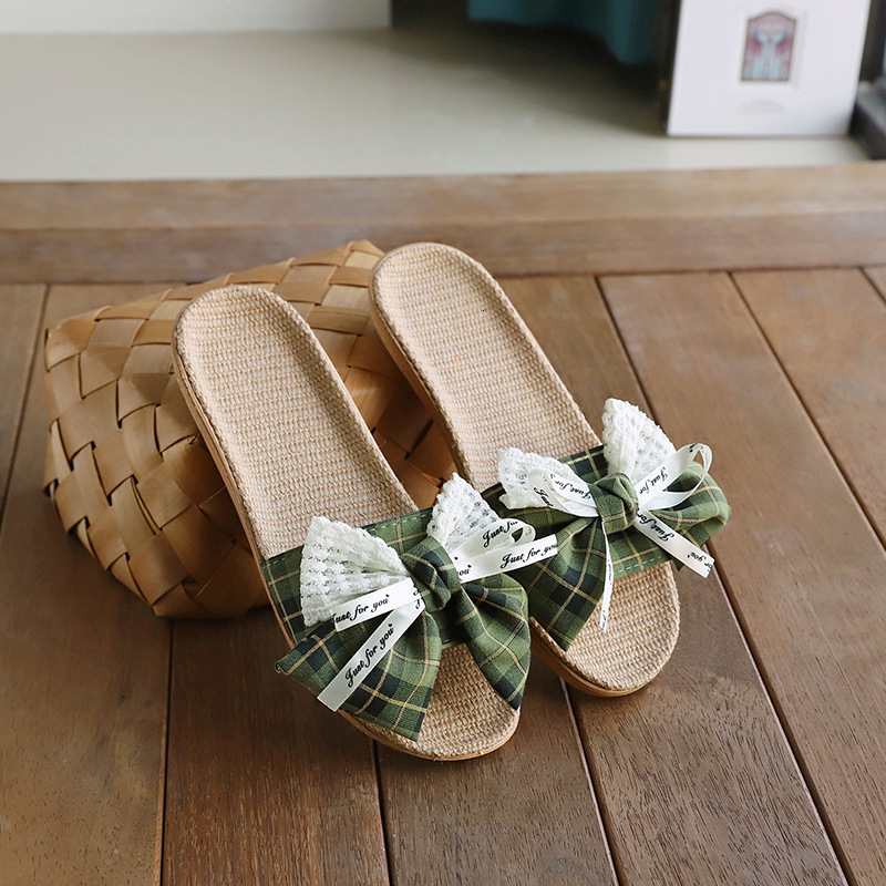 Fashion new bow shoes, home cotton and linen women's slippers, summer indoor thick soled designer sandals, women's beach sandals