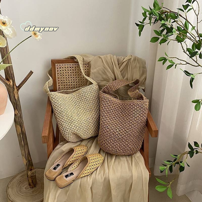 New Bucket Woven Fashion Single Shoulder Casual Straw Women's Vacation Forest Style Hollow Beach Bag ddmynov