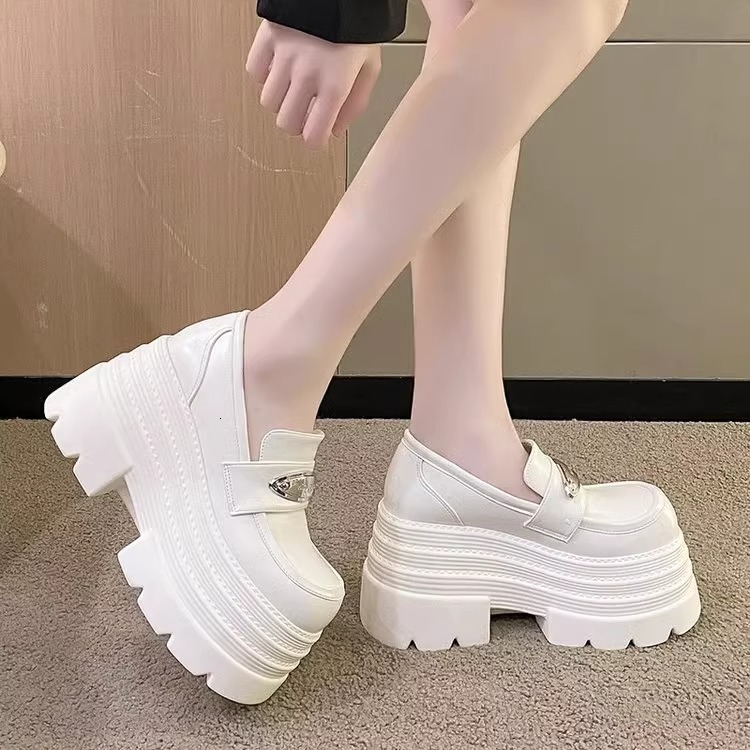 Ddmysports British Style Thick Soled White Loafers For Petite Women Chunky Heel Height Increasing Shoes Black Slip On Single Outdoor Shoes