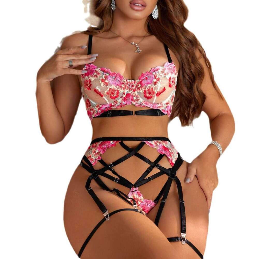 Sexy Lingerie Porn Suits New Embroidered Floral Lace Temptation Sexy Lingerie Pink Two Piece Set Spell Lingerie