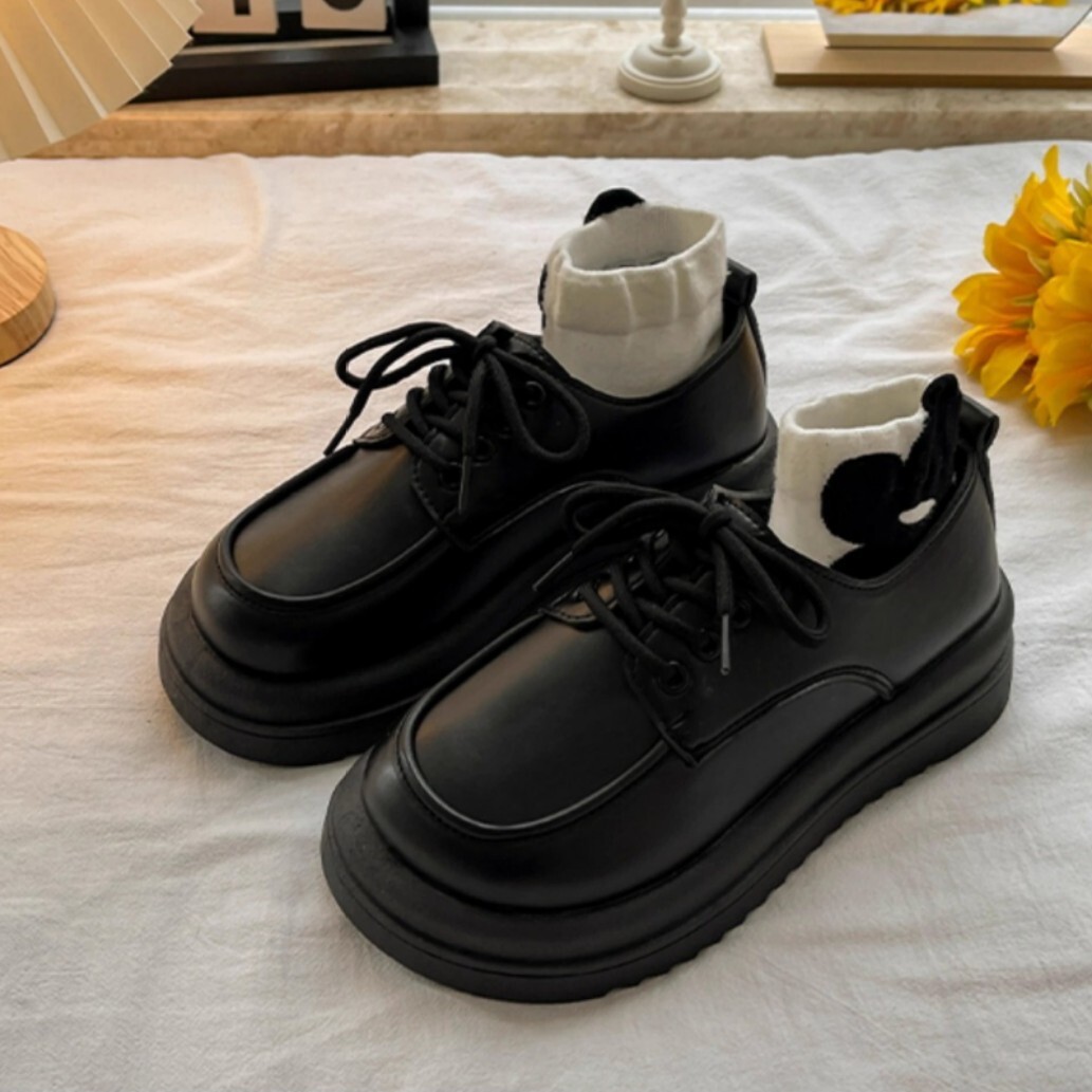 Ddmysports Women S British Style Leather New Spring Versatile Platform Thick Sole Student Lace Up Single Shoes Outdoor Shoes