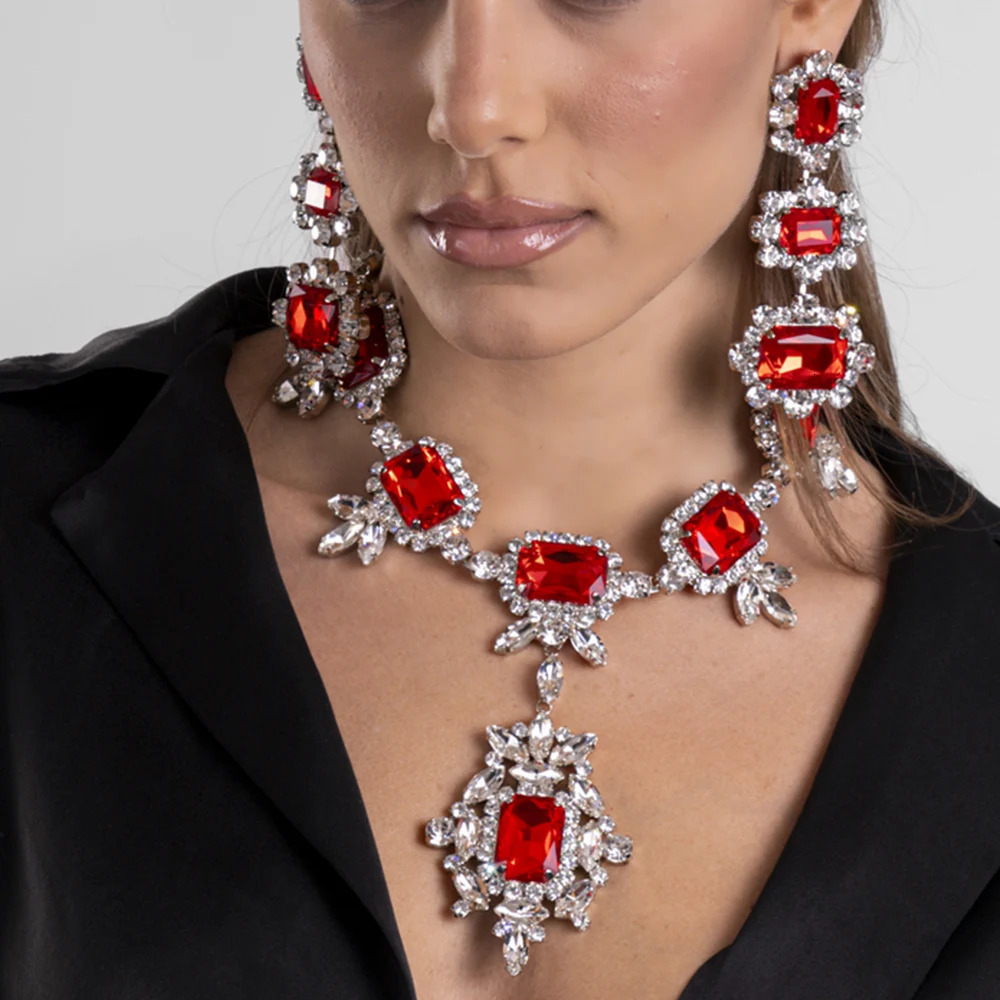 Stonefans Red Exaggerated Set Costume Necklace Earring for Women Engagement African Wedding Jewelry Sets for Bride Accessories 250530