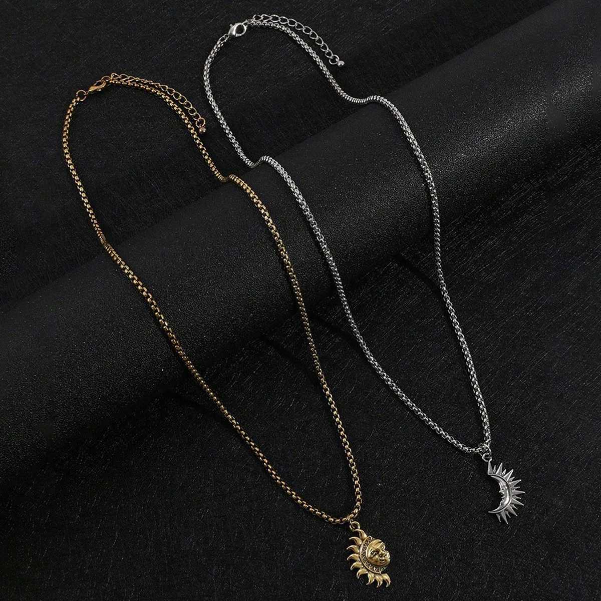 FTCY 2pc/Set Sun Moon Couple Necklace Vintage Stainless Steel Asymmetrical Necklaces Pendants for Women Goth Jewelry Z250614