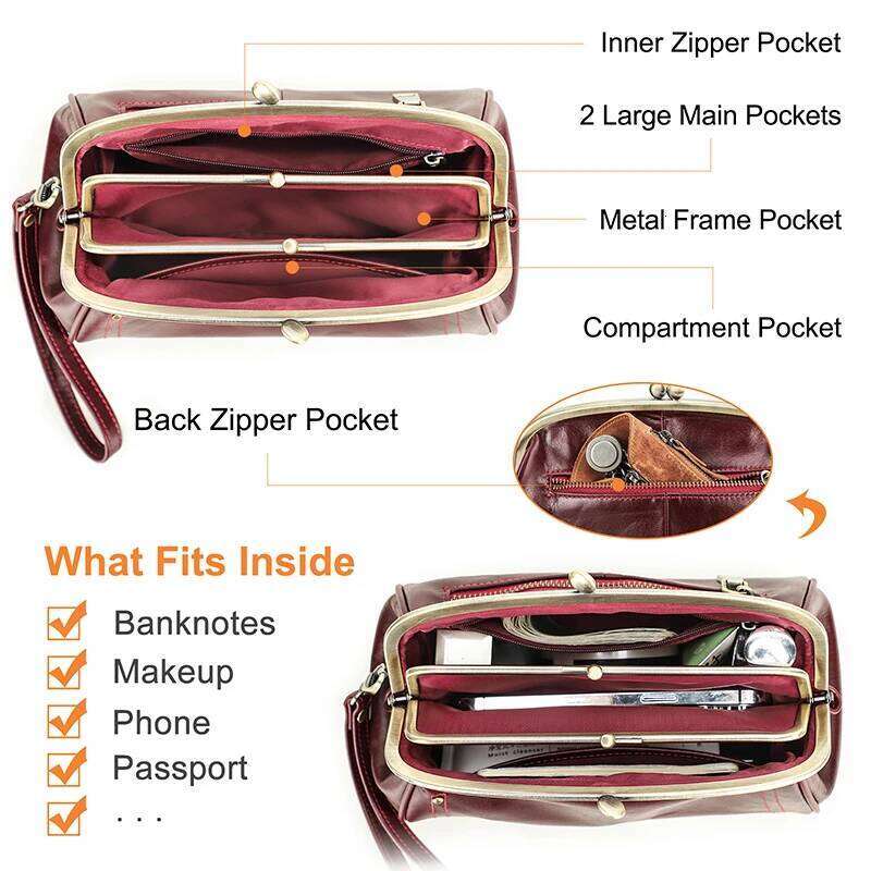 Genuine Leather Women Clutch Kiss Lock Design Female Purse Handbag Large Capacity Long Wallet Bag Phone Pocket