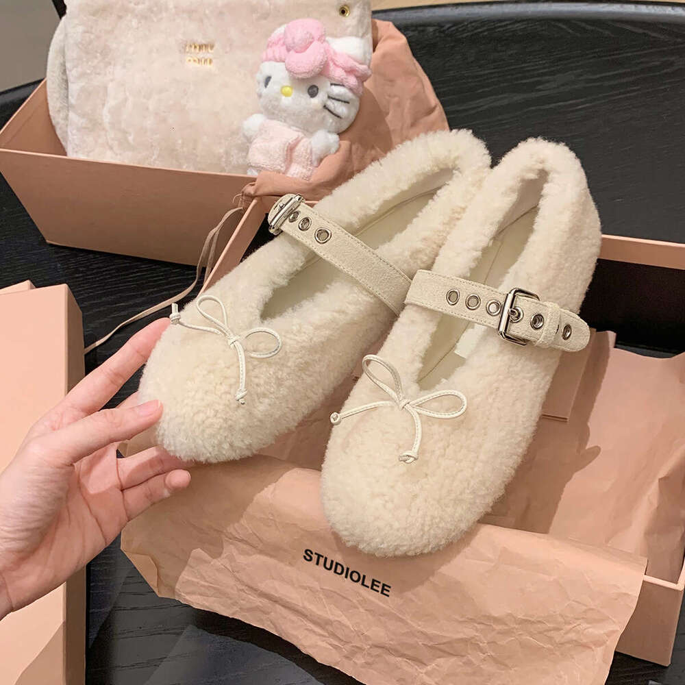 Grape Mom Studiolee Warm and Sweet Bowknot One-Strap Shallow Mary Jane Furry Single Shoes for Women