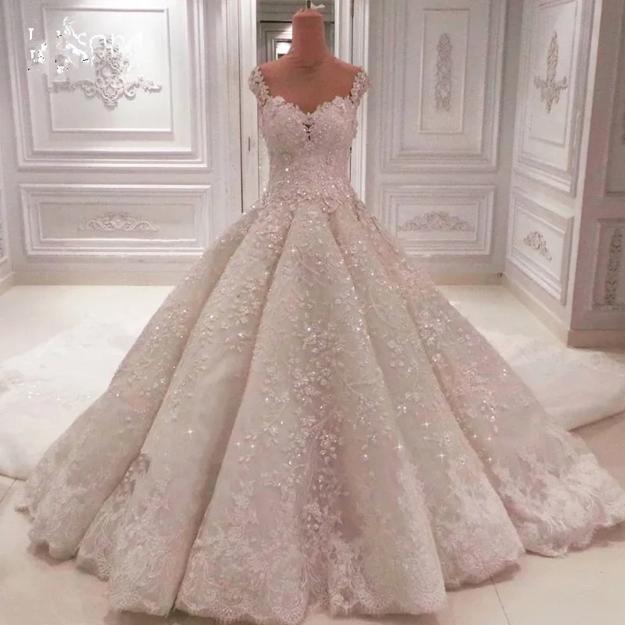 Luxury Appliques LACE Sequin Pleated Wedding Ball Gowns Custom Made 2025 Saudi Arabia Bridal Formal Maxi Gown Romantic