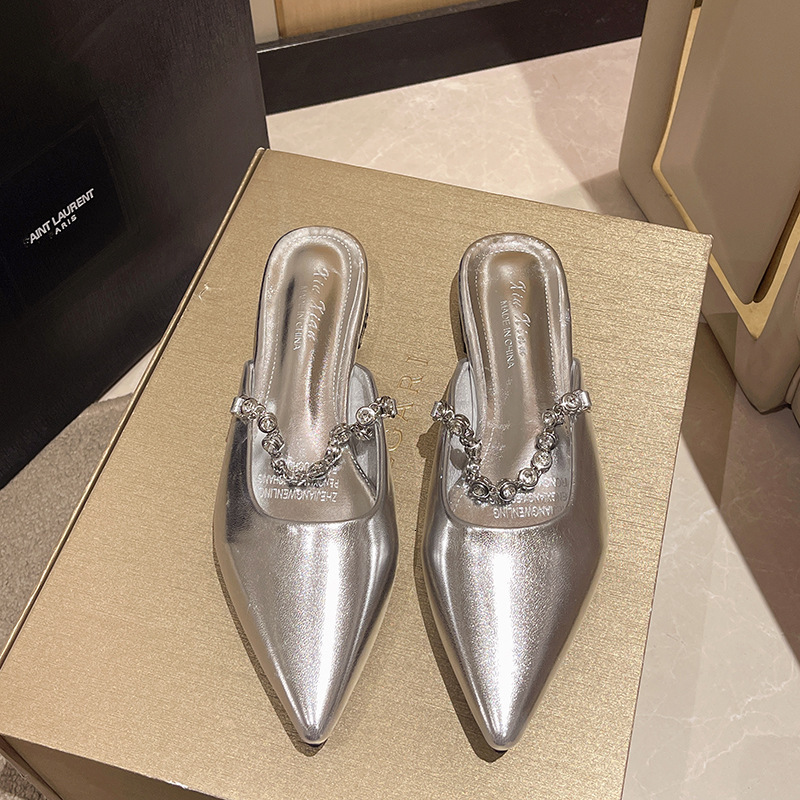 Ddmyoutdoor Ddmyoutdoor French Style Silver Rhinestone Peep Toe Mules For Women Outdoor Wear New Summer Low Heel Half Slippers Shoes Outdoor Shoes