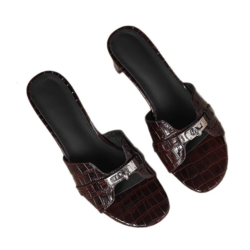 Ddmysports French Style Mid Heel Slippers For Women Summer Outdoor New Thick Fashionable Elegant High End Metal Buckle S Sandals Outdoor Shoes