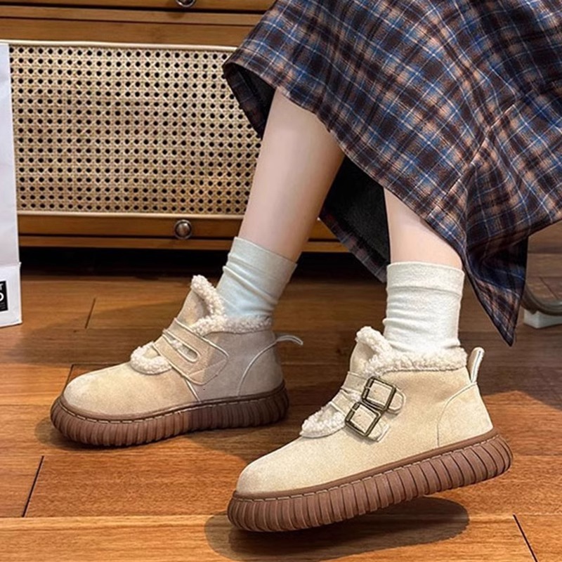 Ddmysports Women S Snow Boots Winter New British Style Fleece Lined Thickened Warm Leather And Wool Integrated Thick Sole Fur Cotton Shoes Outdoor Sho