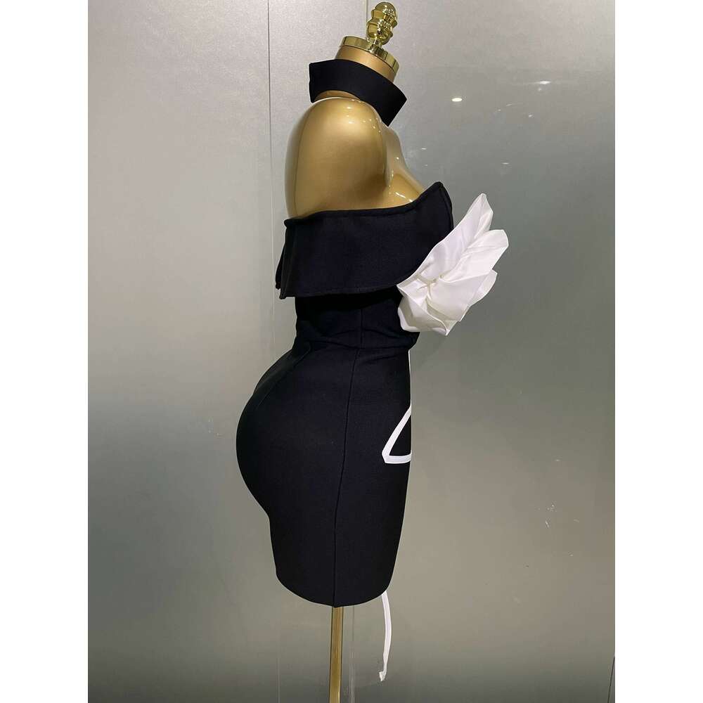 Women New Sexy Off Shoulder White Flower Black Mini Bodycon Bandage Dress Celebrity Evening Club Elegant Party Gowns
