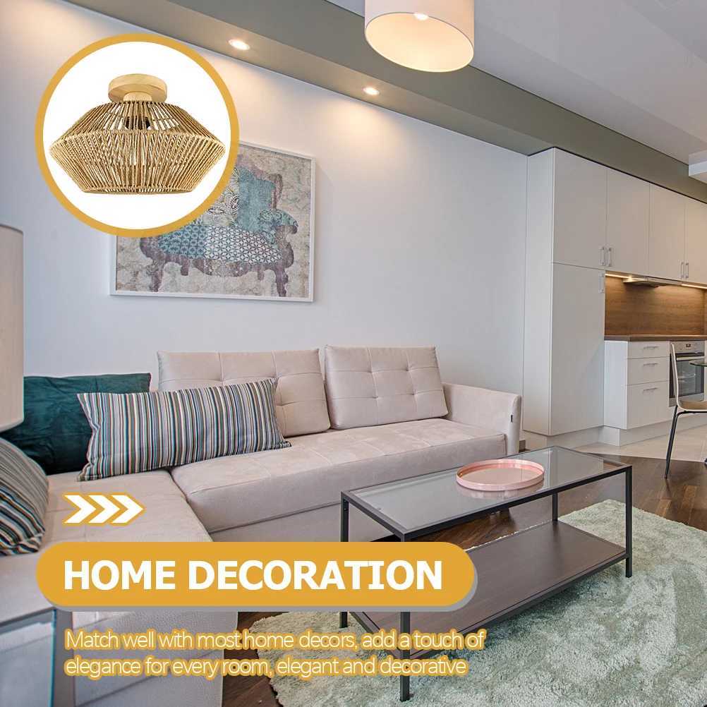 Rattan Ceiling Light Straw Rope Weaving Design LED Flush Mount Fixture for Bedroom Living Room Decor XJ2500613
