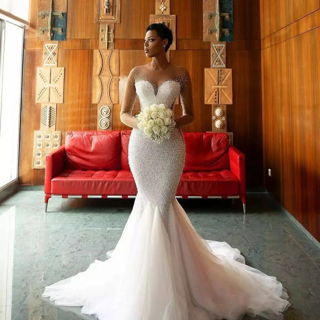 2025 Sexy Mermaid Church Wedding Dress Scoop Illusion Long Sleeves Pearls Beads Tulle Bridal Bride Gown Nigeria African Vestido De Noiva