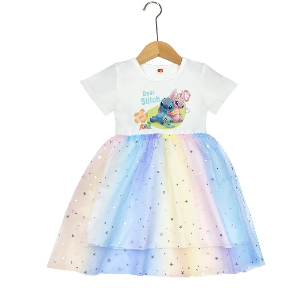 Girls Dress Summer Kids Clothes Stitch Fashion Stich Children Princess Baby Girl Short Sleeve Cute Party Dresses Rainbow 250614