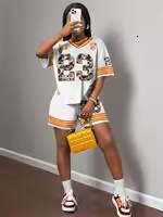 New Fashion Street Print Loose Casual V-Neck Short Sleeve Top And Shorts Sports Set B5