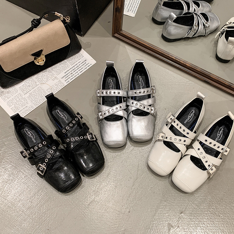 Ddmyoutdoor Fashion Ballet For Women Summer Cross Buckle Shallow Square Toe Single Versatile Flat Mary Jane Shoes Outdoor Shoes