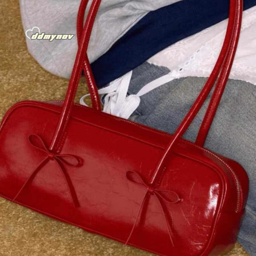 Niche Design Red Boston Bag for Women Fashion Versatile Bowknot Shoulder Underarm Baguette Handbag ddmynov