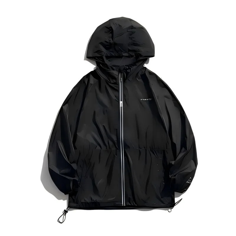 Summer Trend Mens Zipper Sun Shirt Hong Kong Style Loose Sportswear Jacket Solid Color Hooded Sunshade UV Jacket 250614