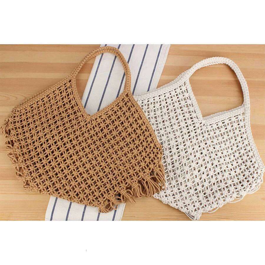 Summer Tassels Grid Woven for Women Irregular Handbags Knitted Beach Shoulder Large Tote Hollow Out Daily Shopper Bag