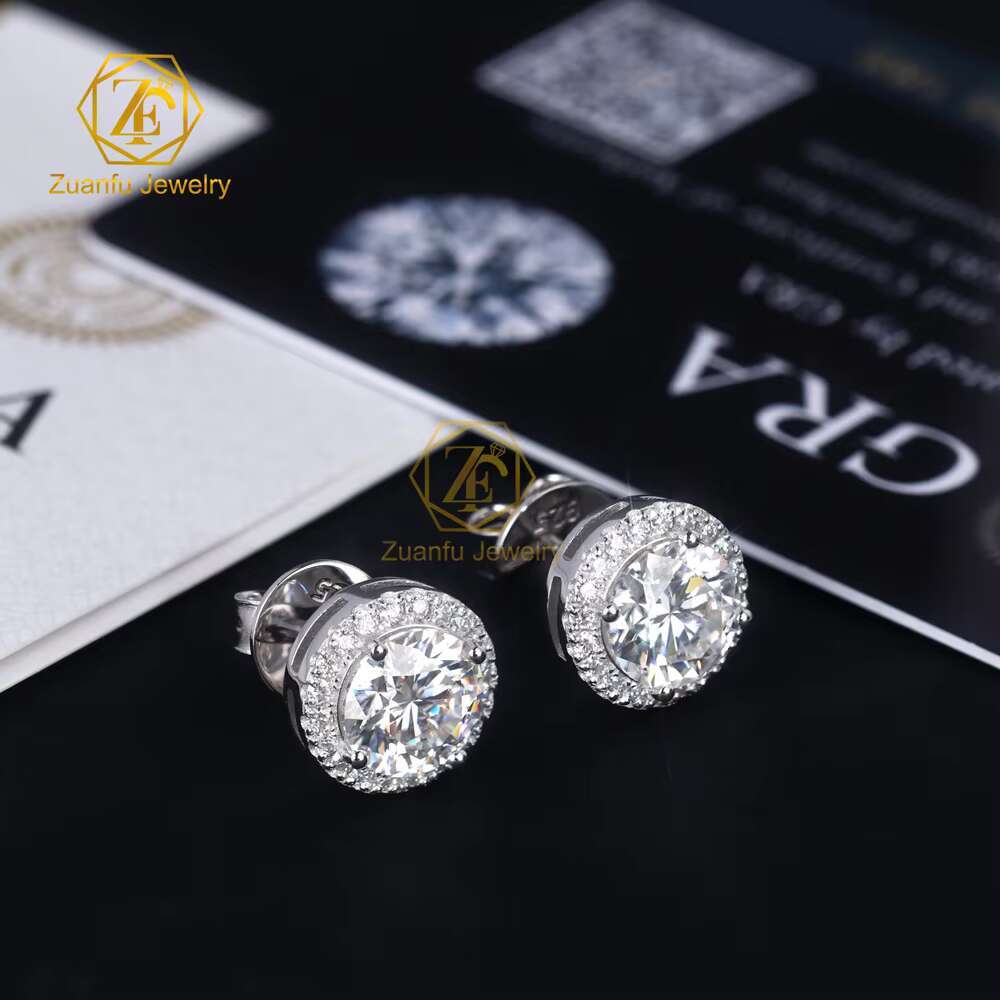 Wholesale Options Available Fine Luxury 925 Sterling Silver 5mm 6.5mm 8mm Moissanite Halo Earrings
