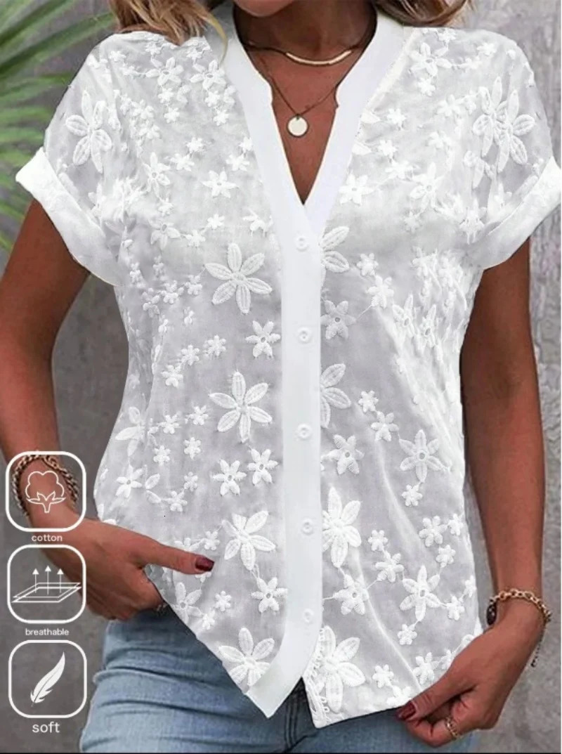 Cropped Shirt White Lace Blouse Eyelet Cut y Top Wear Hollow Out Womens Summer Clothing 250614