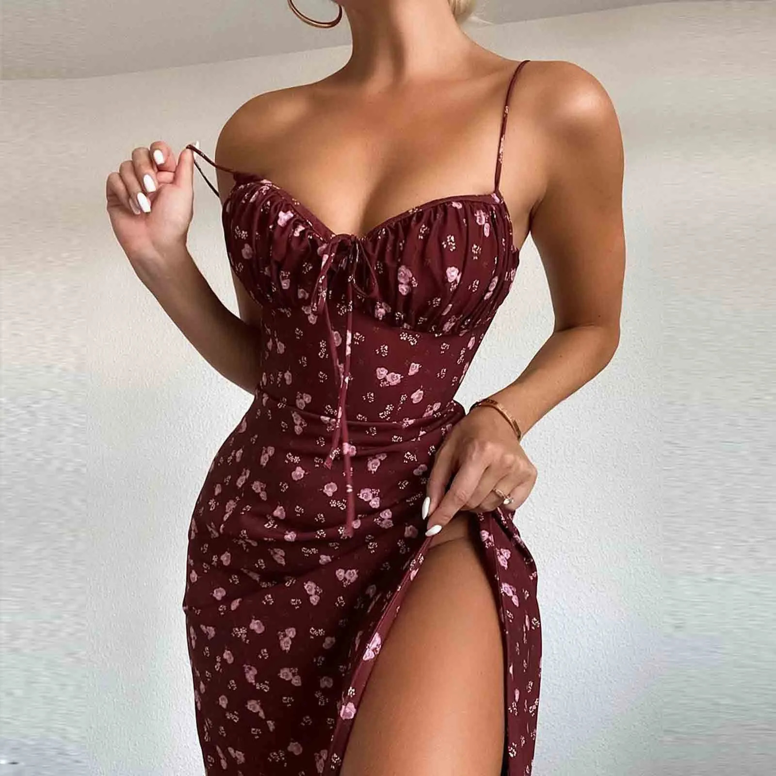 Elegant Classy Flower Print Spaghetti Straps Dresses For Women Camisole Deep V Neck Suspender Dress Woman Clothing 250614