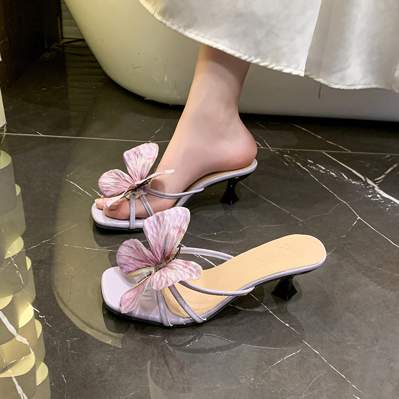 Ddmyoutdoor Open Toe Slippers For Women Sexy Butterfly High Heels Summer New Fairy Style With Dress Outdoor Mid Heel Sandals Outdoor Shoes