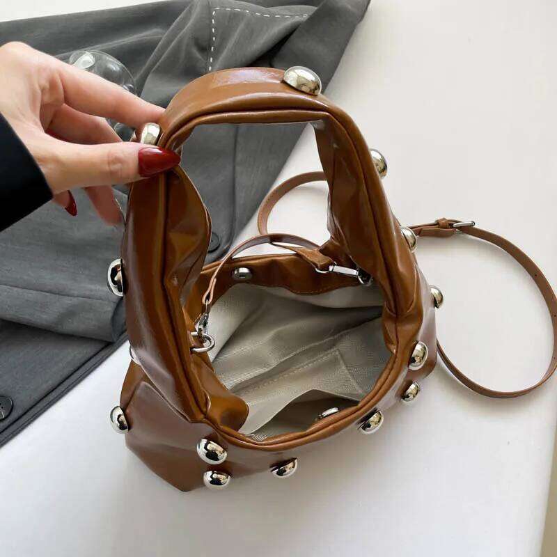 Black Half Moon Underarm Bag For Women Studded Beading Handbags Red Purse Solid Color Pu Leather Shoulder Crossbody Bags