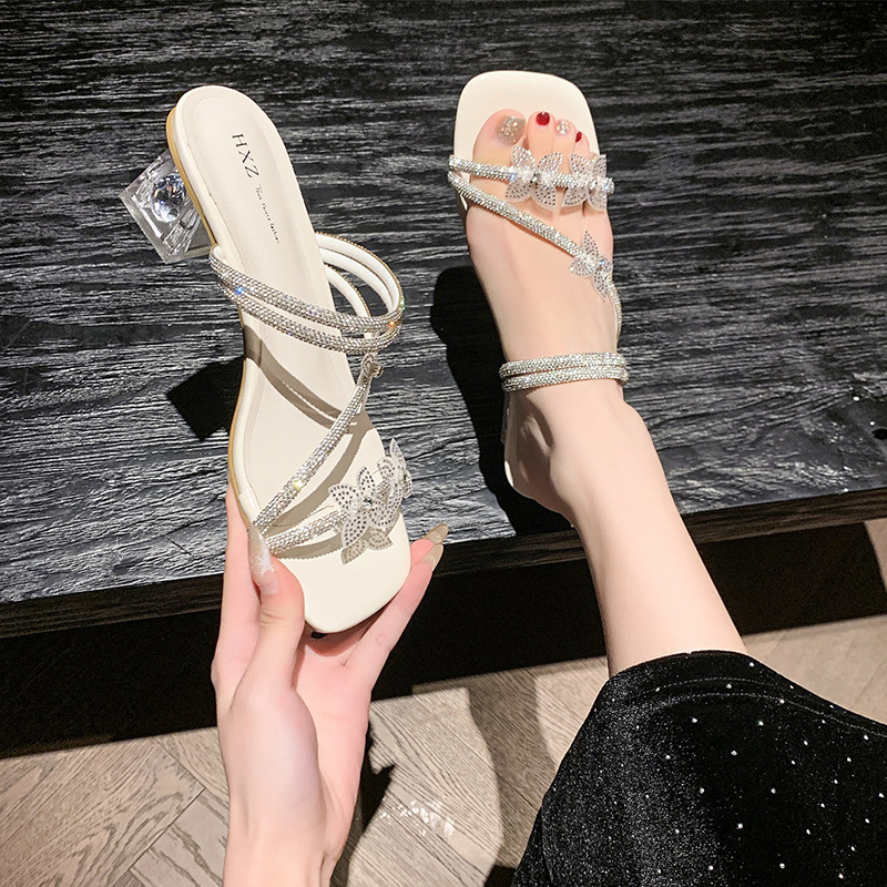 Ddmyoutdoor Rhinestone Slippers For Women Outdoor New Summer Bowknot Crystal Chunky Heel Dress Sandals Outdoor Shoes