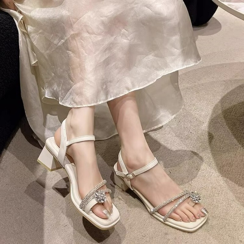 Ddmysports One Strap Crystal Chunky Heel Women S Sandals New Fashion Bowknot Fairy Style Stunning Open Toe Simple Outdoor Shoes