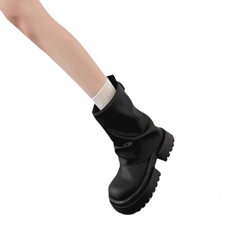 Ddmysports Black Martin For Women New Autumn British Style Tube Thick Sole Height Increasing Knight Slouch Boots Outdoor Shoes