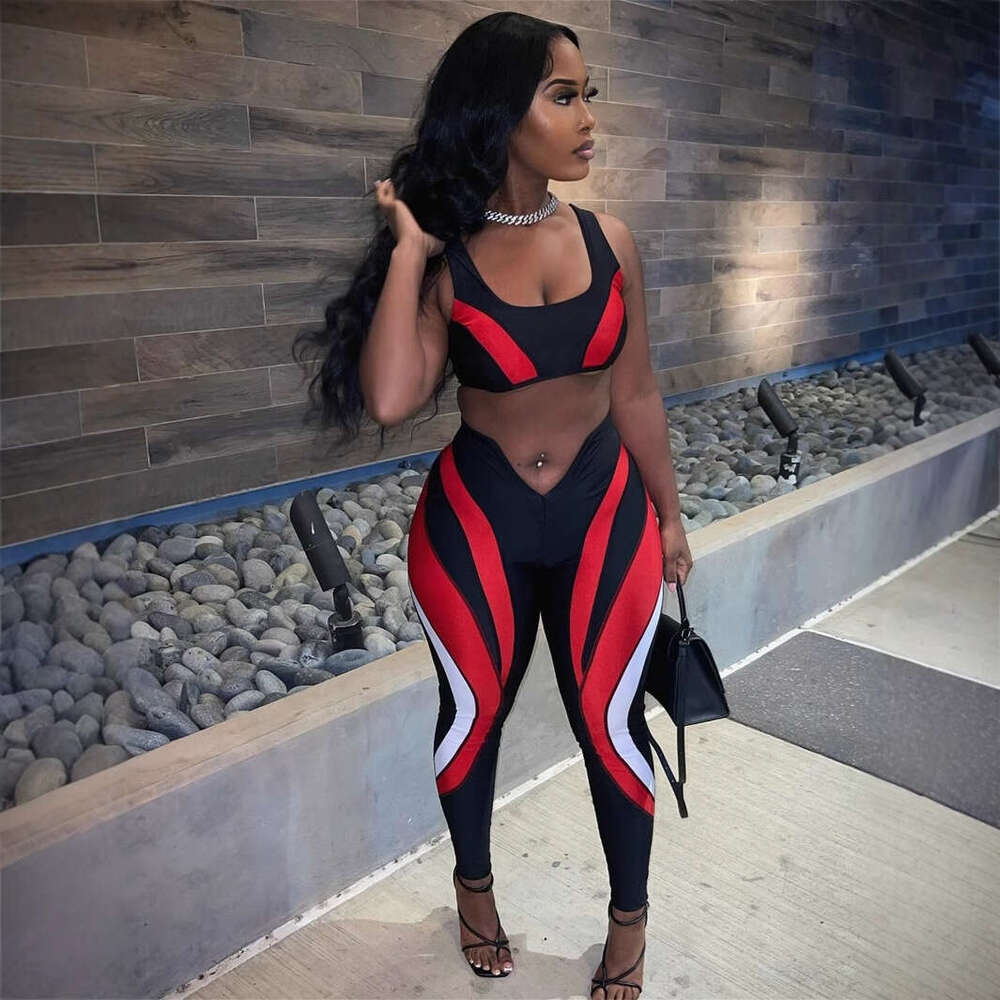 Autumn New Slim Sexy Street Biker Color-Block Short Vest Top And Pants Set B5