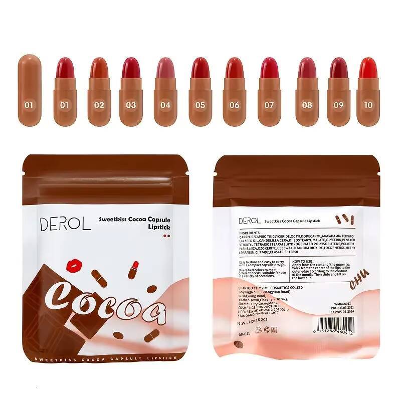 10Pcs Chocolate Mini Lipstick Set,Long-Lasting Matte Velvet Lipstick,Creamy Texture,Non-sticky Cup Design for all Skin Types happy