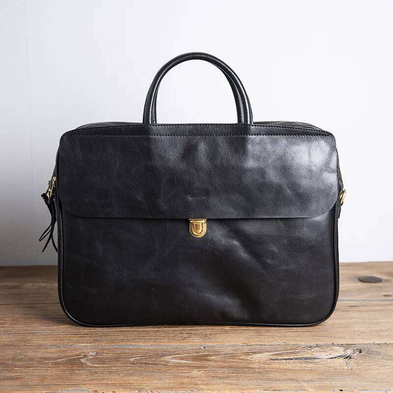 2024 Brand Collapsible Trolley Box Handbag Men's Leather Retro 15inchs Briefcase Head Cowhide Business Computer Bag