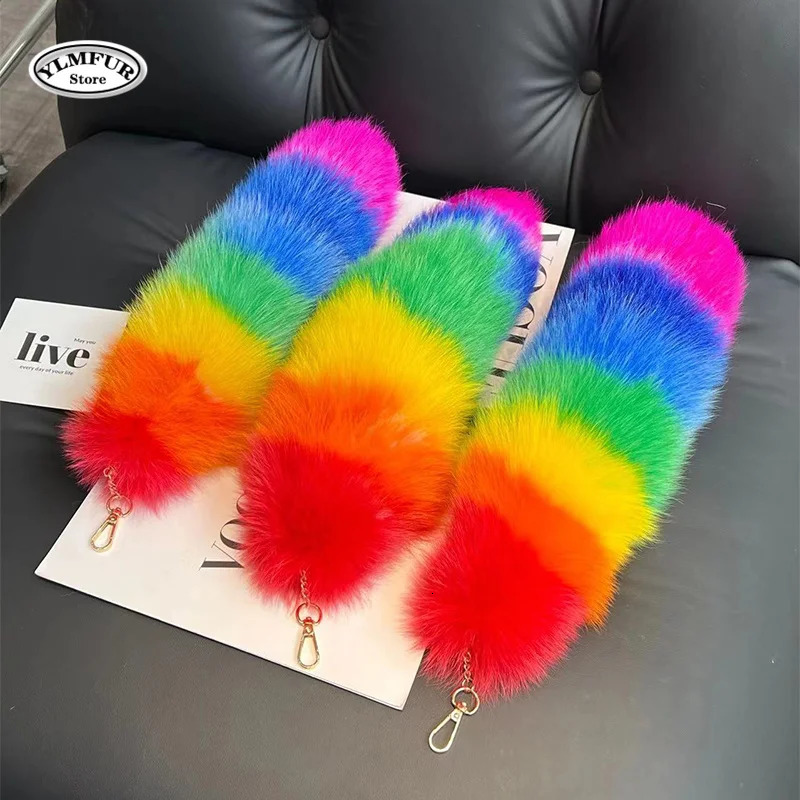 40cm Real Fox Fur Tail Large Long Natural Fur tail Keychain Pendant Cosplay tail Cute Wolf Fox Tail Fur Car Keychains For Women 250610