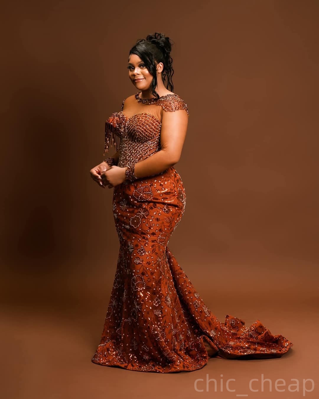 Brown Mermaid Prom Dresses 2025 Beaded Crystals Floral Lace Sparkly Evening Formal Party Second Birthday Engagement Gowns Plus Size Dress For Special 