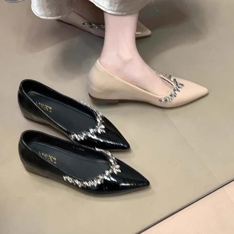 Ddmysports French Style Nude Pointed Toe Elegant Single Spring New Small Height Increasing Rhinestone Commuter Flat Shoes For Women Outdoor Shoes