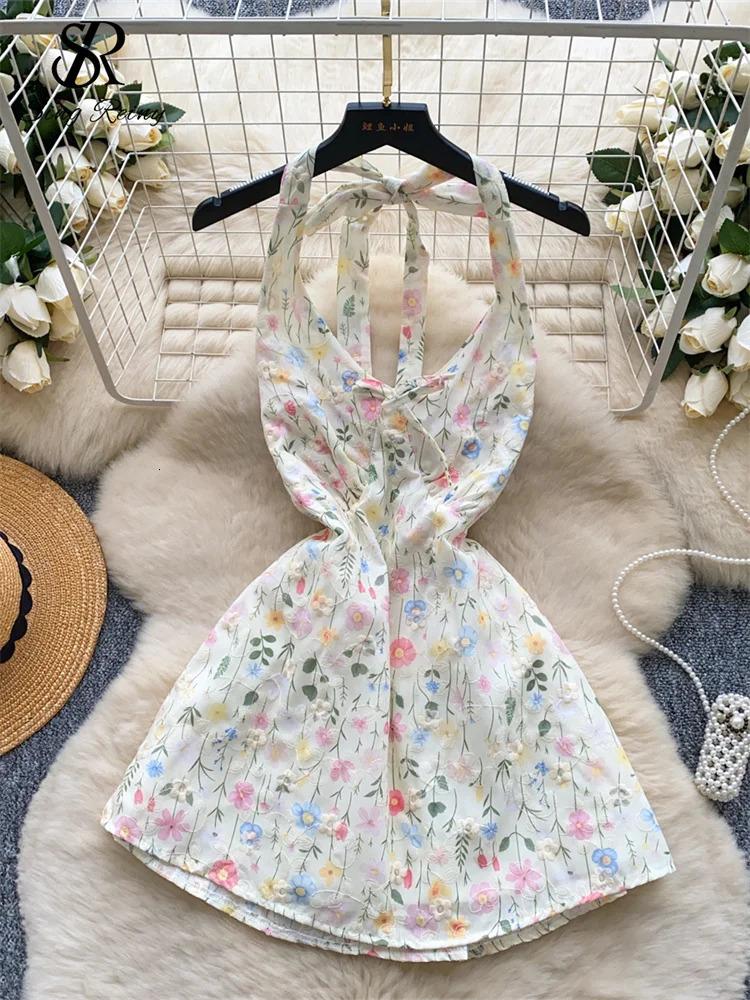 SINGREINY Summer sweet Backless Tank Top Female Halter Sleeveless Elastic Skinny Senior Sweet y Floral Camisole 250611